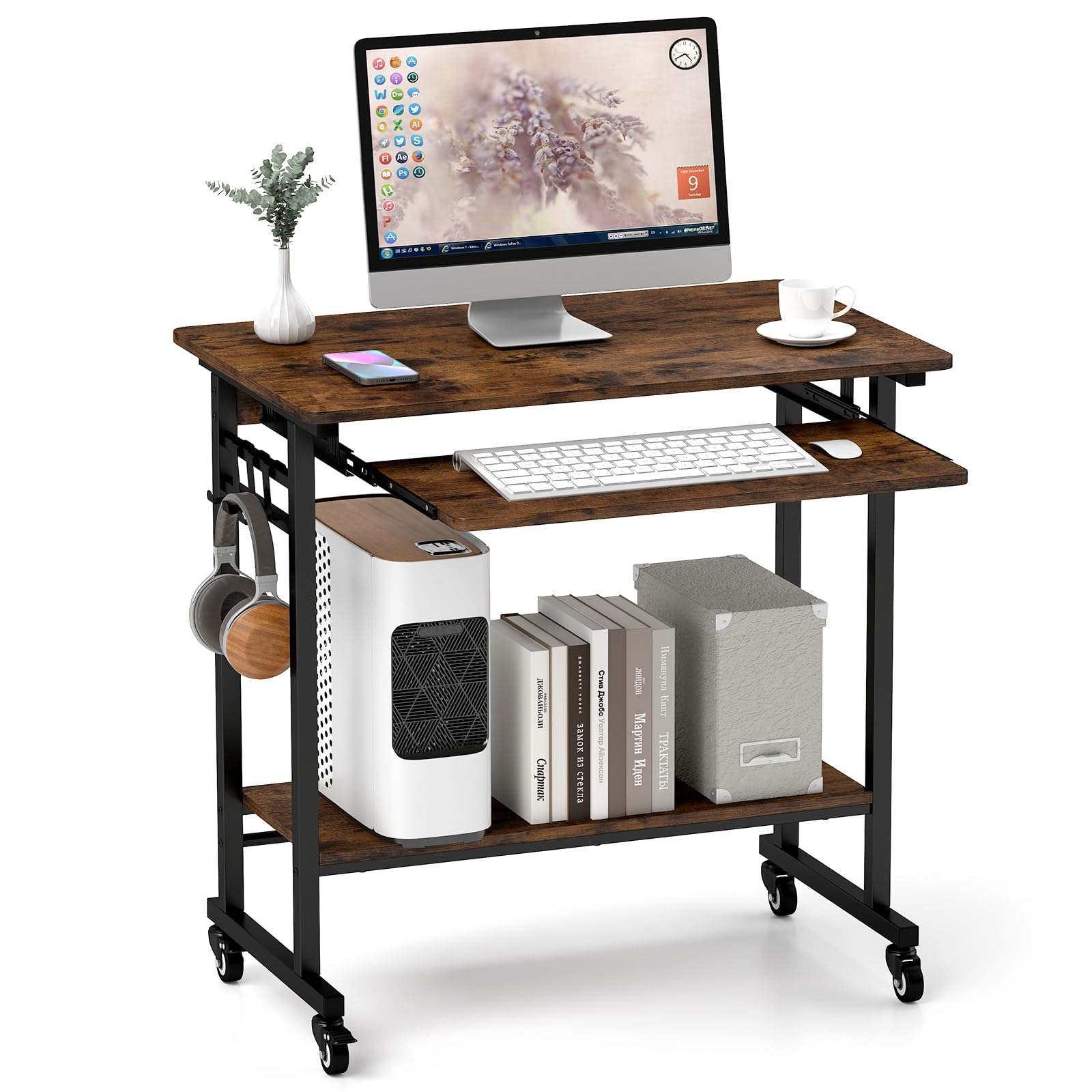 Tangkula Rolling Computer Desk Cart with Keyboard Tray